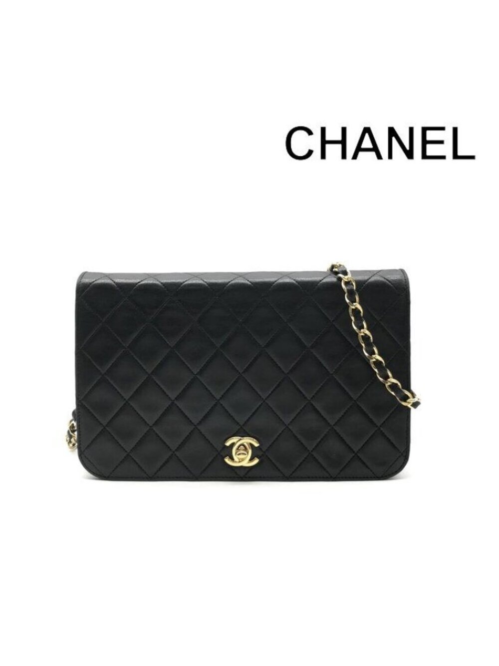 Chanel CC Logo Chain Shoulder Bag Turnlock Full Flap Lambskin Black